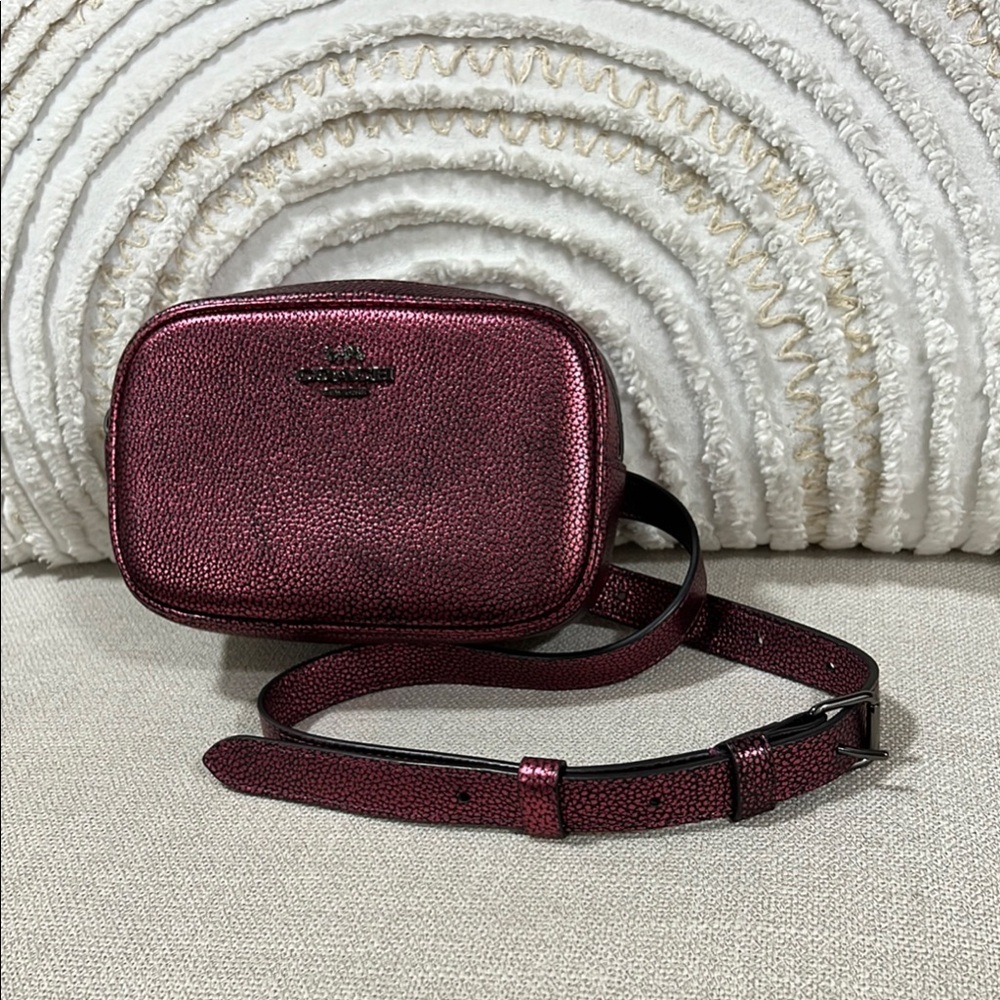 COACH Metallic Convertible Belt Bag Womens Small Berry Silver Pebbled Leather